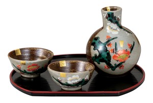 日本の伝統工芸品【九谷焼】 晩酌揃 紅白梅 盆付 福田良則 (K9-1256) (K8-1174)