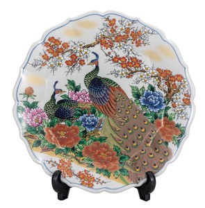 日本の伝統工芸品【九谷焼】 K8-1324 10号飾皿 牡丹孔雀 皿立付
