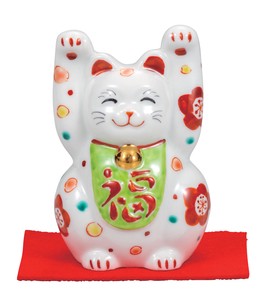 日本の伝統工芸品【九谷焼】 K8-1432 3号両手招き猫 花文 敷物付