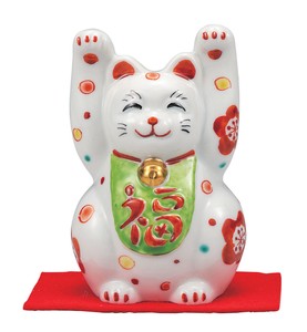日本の伝統工芸品【九谷焼】 3号両手招き猫 花文 敷物付  (K9-1522) (K8-1432)
