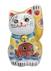 日本の伝統工芸品【九谷焼】 K8-1438 3号招き猫 黄釉鯛