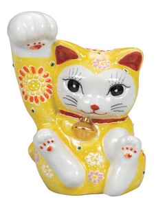 日本の伝統工芸品【九谷焼】 K8-1446 4.5号招き猫 黄盛・花ちらし