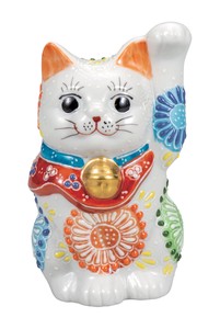 日本の伝統工芸品【九谷焼】 K8-1448 3.3号招き猫 白盛花