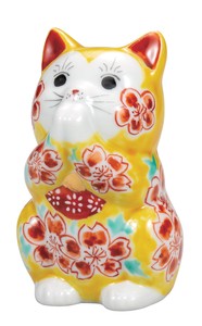 日本の伝統工芸品【九谷焼】 K8-1459 3.2号お祈り猫 黄釉桜