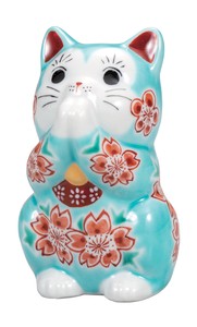 日本の伝統工芸品【九谷焼】 K8-1460 3.2号お祈り猫 トルコ青釉桜