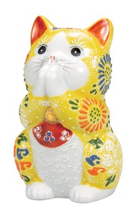 日本の伝統工芸品【九谷焼】 K8-1462 3.8号お祈り猫 黄盛