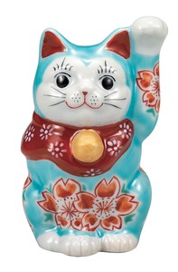 日本の伝統工芸品【九谷焼】 3.3号招き猫 トルコブルー釉桜   (K9-1569) (K8-1484)
