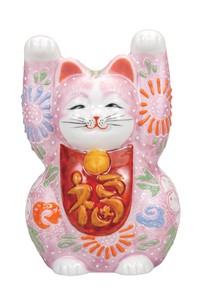 日本の伝統工芸品【九谷焼】 K8-1487 3.5号両手招き猫 ピンク盛