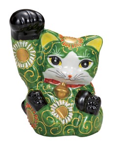 日本の伝統工芸品【九谷焼】 K8-1495 4.5号手長招き猫 緑盛