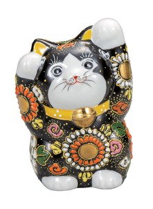 日本の伝統工芸品【九谷焼】 K8-1498 4号両手招き猫 黒盛