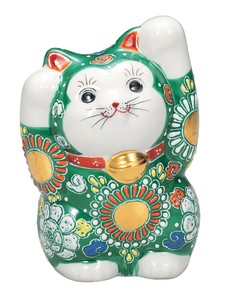 日本の伝統工芸品【九谷焼】 4号両手招き猫 緑盛   (K9-1627) (K8-1499)