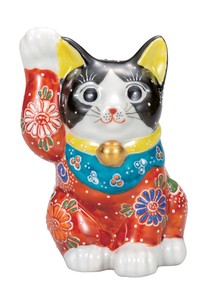日本の伝統工芸品【九谷焼】 K8-1506 4号招き猫 黒赤盛
