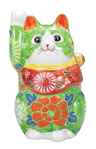 日本の伝統工芸品【九谷焼】 K8-1514 4.8号招き猫 緑盛