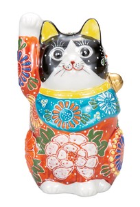 日本の伝統工芸品【九谷焼】 K8-1516 4.8号招き猫 黒赤盛