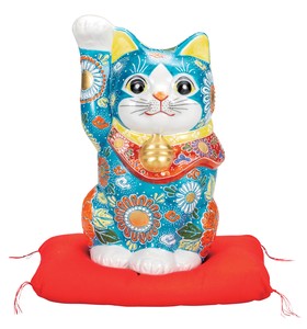 日本の伝統工芸品【九谷焼】 K8-1563 8号招き猫 深青盛 布団付