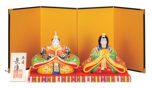 日本の伝統工芸品【九谷焼】 K8-1685 5号雛人形 色彩盛 台・敷物・立札・屏風付