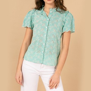 Button Shirt/Blouse Shirtwaist Cotton Embroidered
