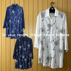Button Shirt/Blouse Long Embroidered