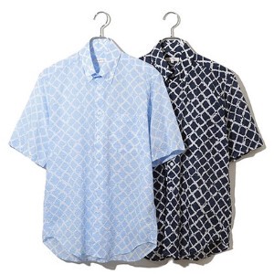 カジュアルシャツ　半袖  菱形手書き風リップル生地　日本製