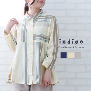 Button Shirt/Blouse Stripe Cotton Linen Summer Indigo Spring