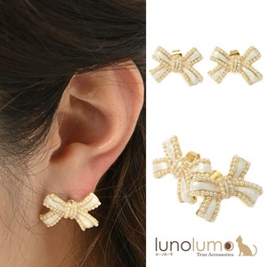 Pierced Earringss Pearl sliver Mini White Ribbon Ladies