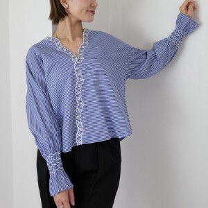 Button Shirt/Blouse Scallop Embroidery Sleeve Blouse