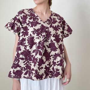 Button Shirt/Blouse Ruffle Flower Print Sleeve Blouse