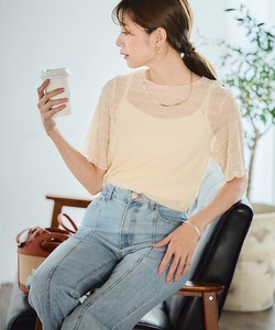 T-shirt Pullover Spring/Summer Tops Shirring Short-Sleeve Sheer Cut-and-sew