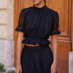 Tank Ruffle Neck Tulle Lace Tops Sleeve