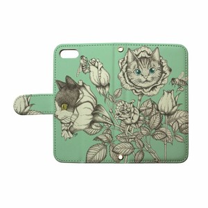 [タグラーブル]庭猫-ミント- スマホケース 全機種対応 手帳型 花 フラワー 猫 ネコ ねこ 蜂 ハチ