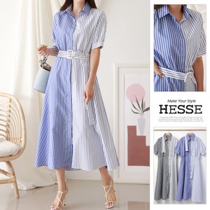 Button Shirt/Blouse Stripe One-piece Dress Switching 2-colors