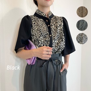 Button Shirt/Blouse Leopard Print Sleeve Blouse