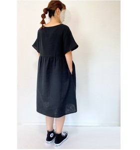 【handmade】Double gauze　simple dolman short sleeve dress with pockets cotton　black