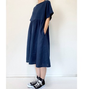 【handmade】Double gauze　simple dolman short sleeve dress with pockets cotton　navy