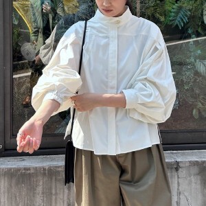 Button Shirt/Blouse Tuck Sleeves Stand-up Collar