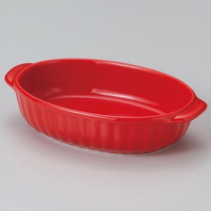 レッド両手楕円グラタン　　【日本製　磁器】