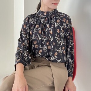 Button Shirt/Blouse Stand Flower Print Collar Blouse