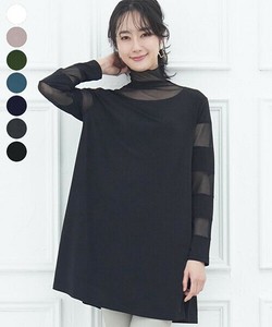 【定番　再入荷】シアーメローハイネックメッシュ長袖袖ボーダー切替デザインチュニック 36-1160