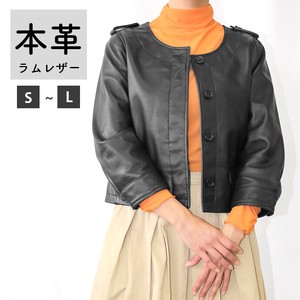 Jacket 3/4 Length Sleeve Collarless Genuine Leather Ladies'