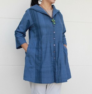 藍染め絣とピンタックがお洒落な 手織木綿 七分袖ジャケット