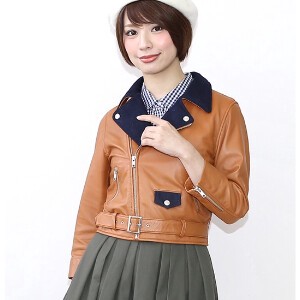 Jacket Bicolor 3/4 Length Sleeve Genuine Leather Ladies'