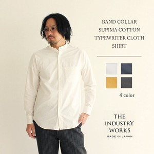 Button Shirt Plain Color Long Sleeves Band Collar Cotton Men's Made in Japan