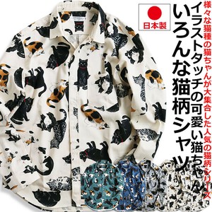 VINTAGE EL 黒ネコ柄 長袖シャツ 猫柄 ミケ ハチワレ 日本製