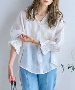 Button Shirt/Blouse 3/4 Length Sleeve Tops Band Collar Puff Sleeve Sheer