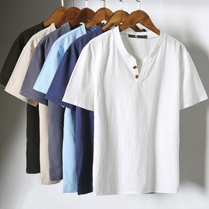 T-shirt Plain Color T-Shirt Cotton Linen Short-Sleeve