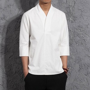 T-shirt Plain Color 3/4 Length Sleeve T-Shirt V-Neck Cotton Linen