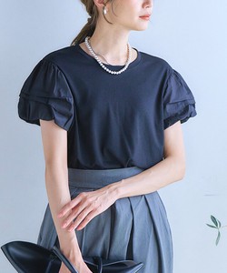 T-shirt Plain Color Rayon Tops Puff Sleeve Short-Sleeve Cut-and-sew
