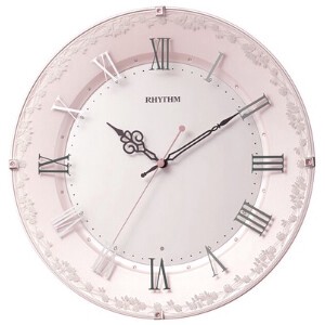 RHYTHM 掛け 時計 電波 アナログ 連続秒針 インテリア 装飾ガラス 洋風 お皿 時計 ピンク