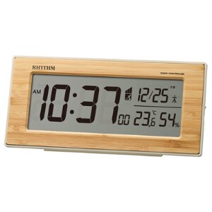 RHYTHM 電波 目覚まし時計 天然 竹材  温度 湿度 カレンダー