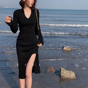 Casual Dress Knitted Plain Color Long Sleeves V-Neck One-piece Dress Ladies'